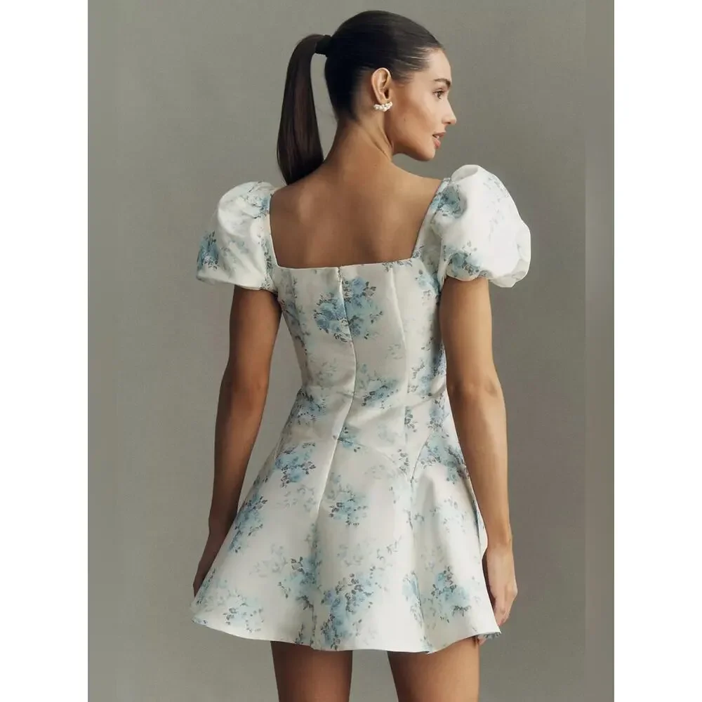 BHLDN Puff-Sleeve Printed Dupioni Fit & Flare Mini Dress